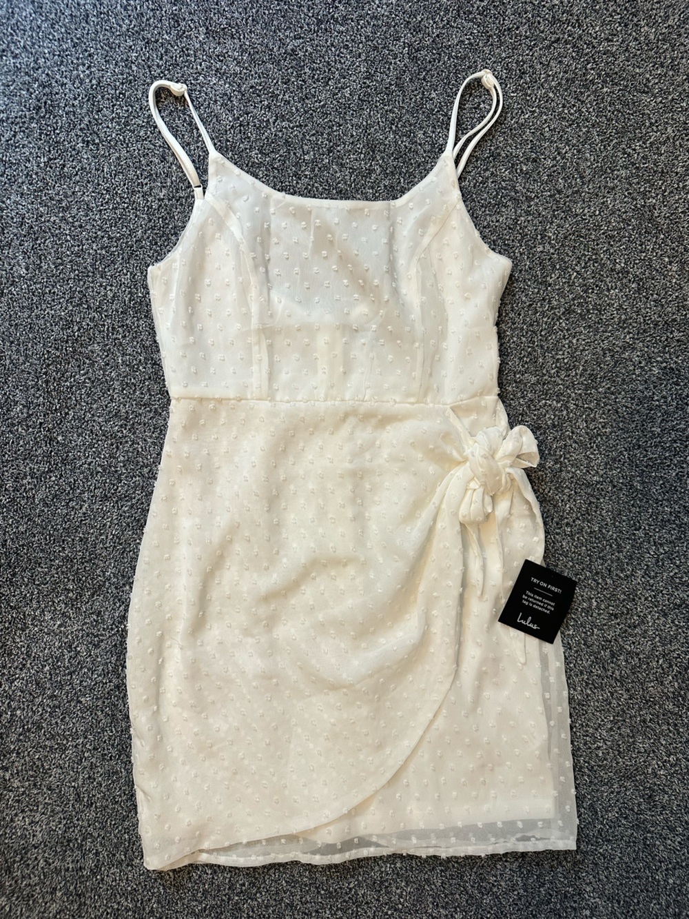 Lulu's Cream Swiss Dot Spaghetti Strap Wrap Mini Dress